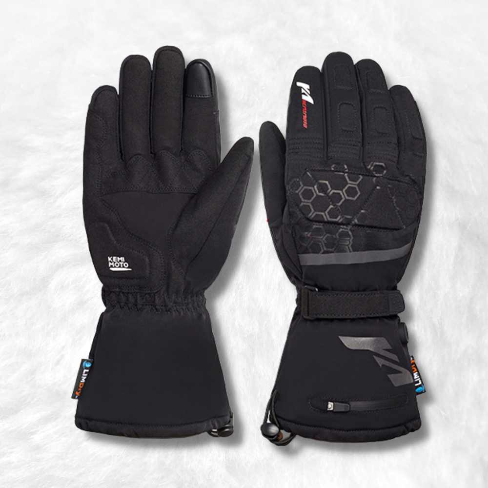 Gant chauffant avec batterie imperméable noir sur fond blanc
