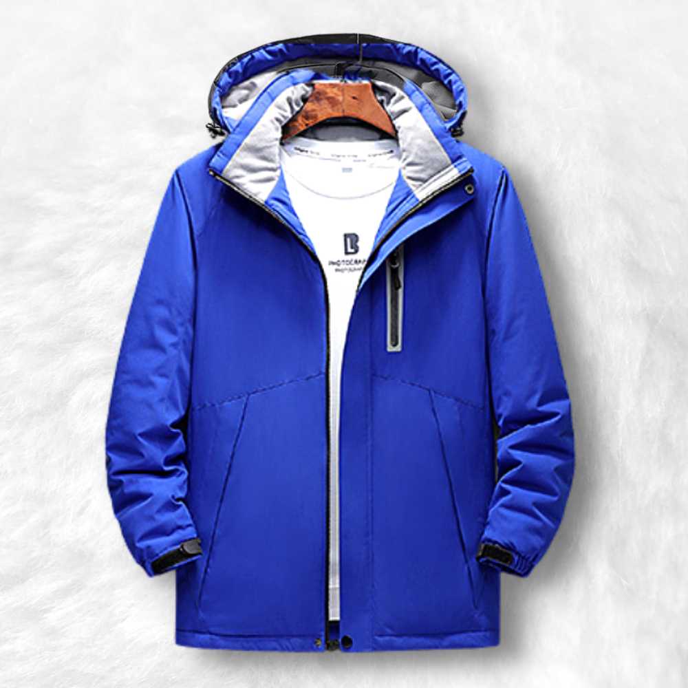 manteau chauffant avec batterie bleu.
