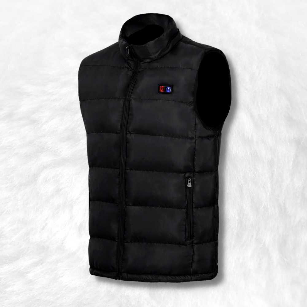 Veste chauffante avec batterie noire affichant détails et niveaux de température pour confort hivernal optimal
