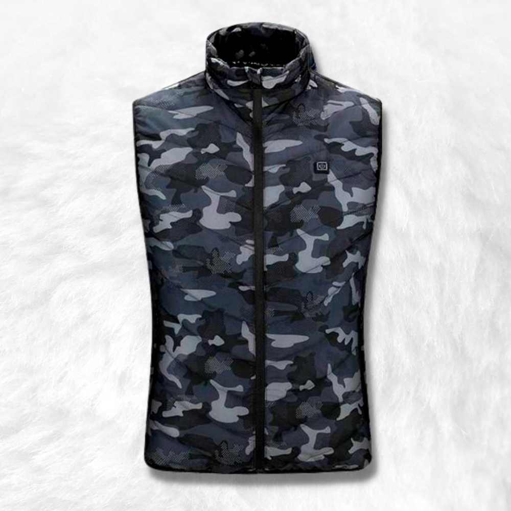 Veste chauffante chasse camouflage noir et gris avec 9 zones de chauffage et USB, pour homme et femme, offrant chaleur et confort optimal en plein air.