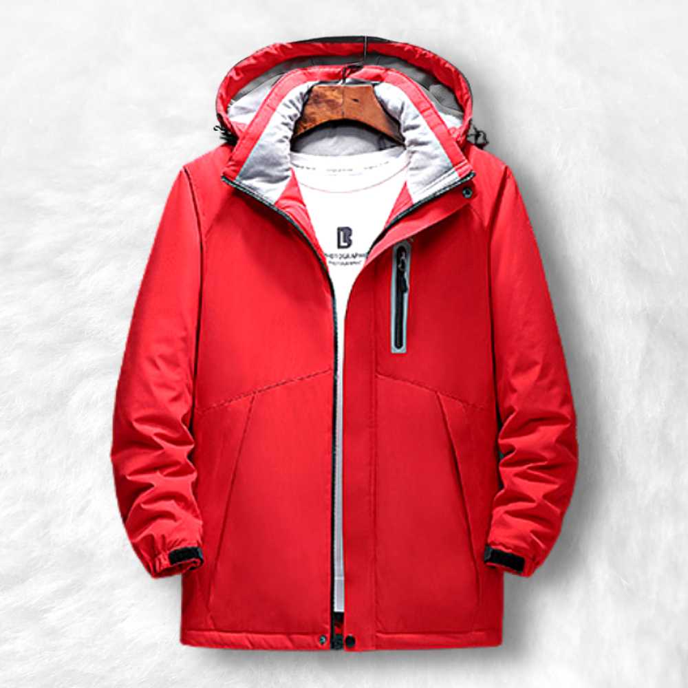 manteau chauffant avec batterie rouge.